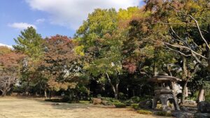 旧岩崎邸庭園の灯篭と紅葉